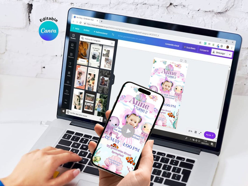 Pink Under The Sea Birthday Invitation – Editable Canva Template – Share video mp4 – Instant Download