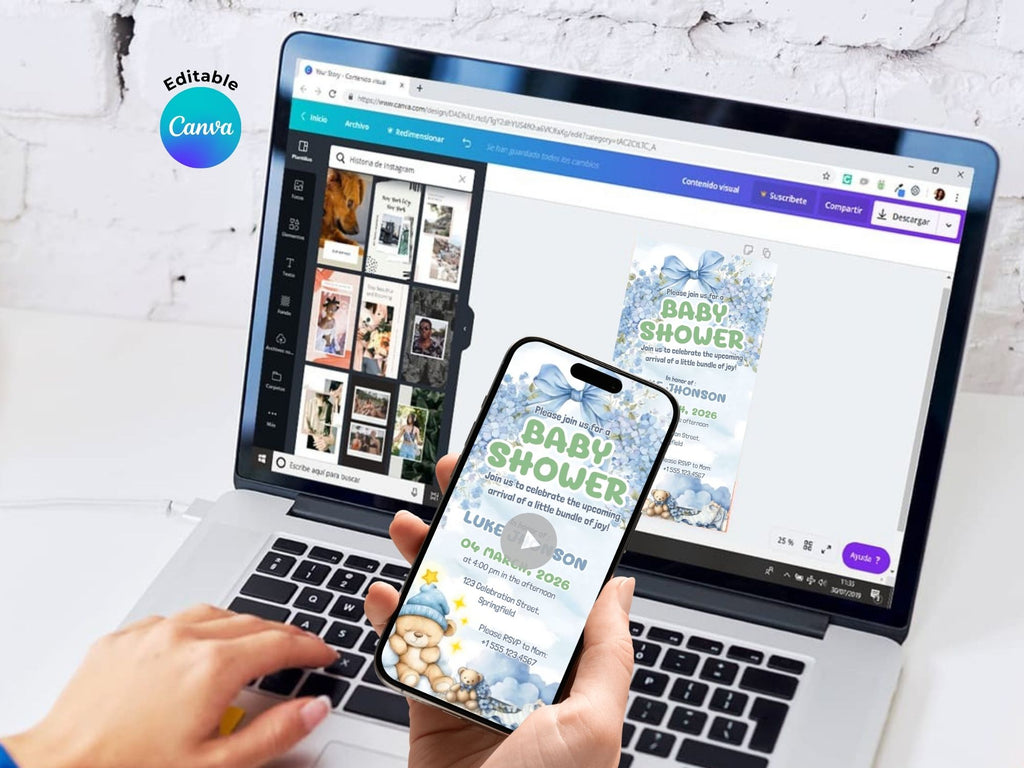 Cute Blue Baby Bear Baby Shower – Editable Canva Template – Share video mp4 – Instant Download