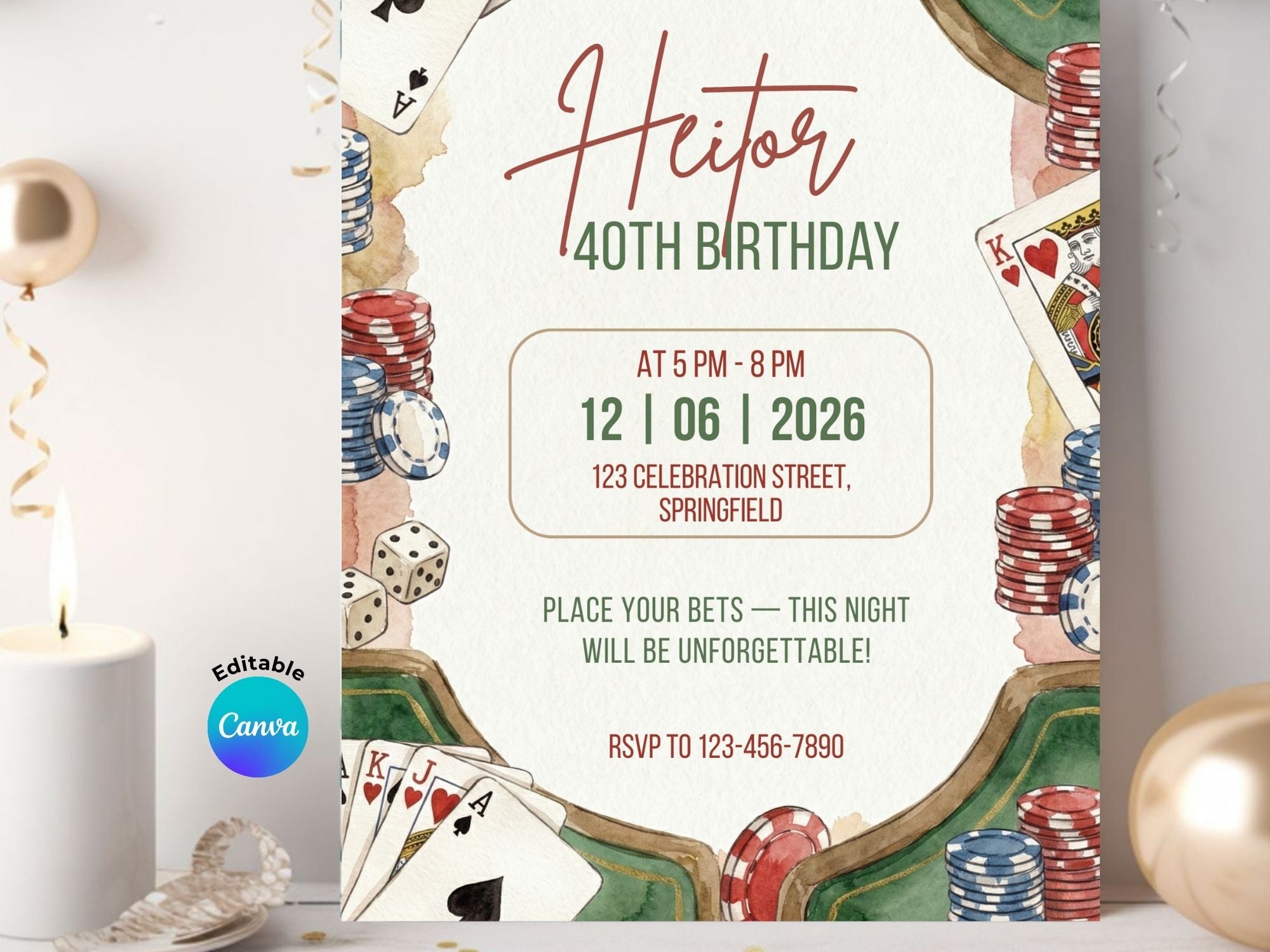 Casino Night Invitation – Editable Canva Template – Share or Printable 5x7 – Instant Download
