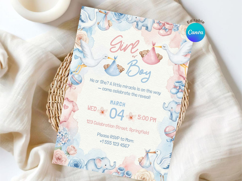 Elephant Gender Reveal Invitation – Watercolor Plane Theme – Editable Canva Template – Share or Printable 5x7 – Instant Download