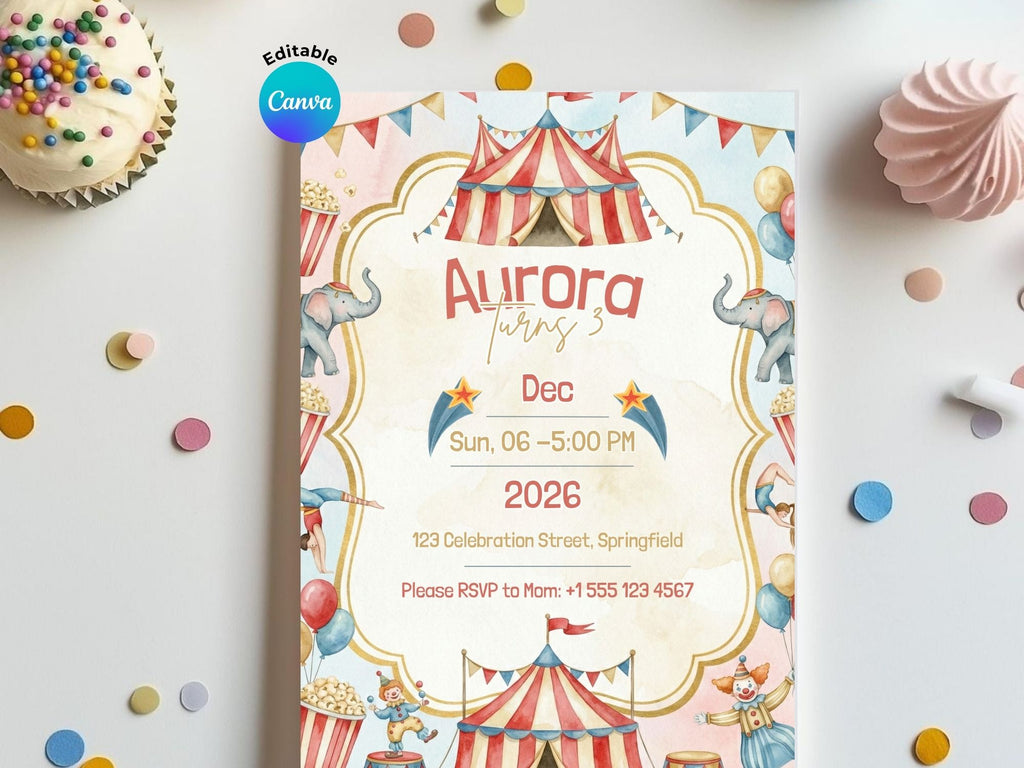 Circus Watercolor Invitation – Editable Canva Template – Share or Printable 5x7 – Instant Download