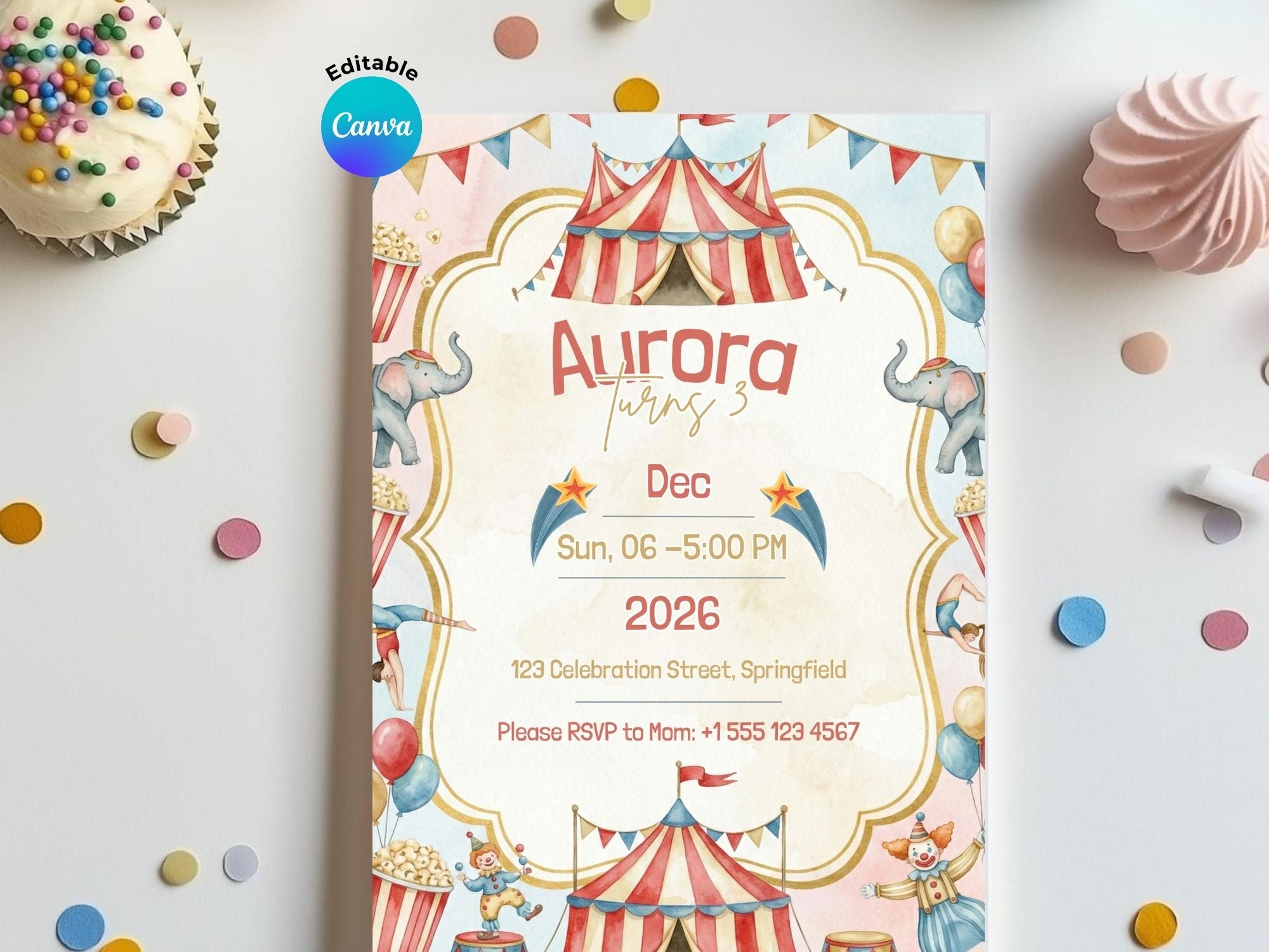 Circus Watercolor Invitation – Editable Canva Template – Share or Printable 5x7 – Instant Download