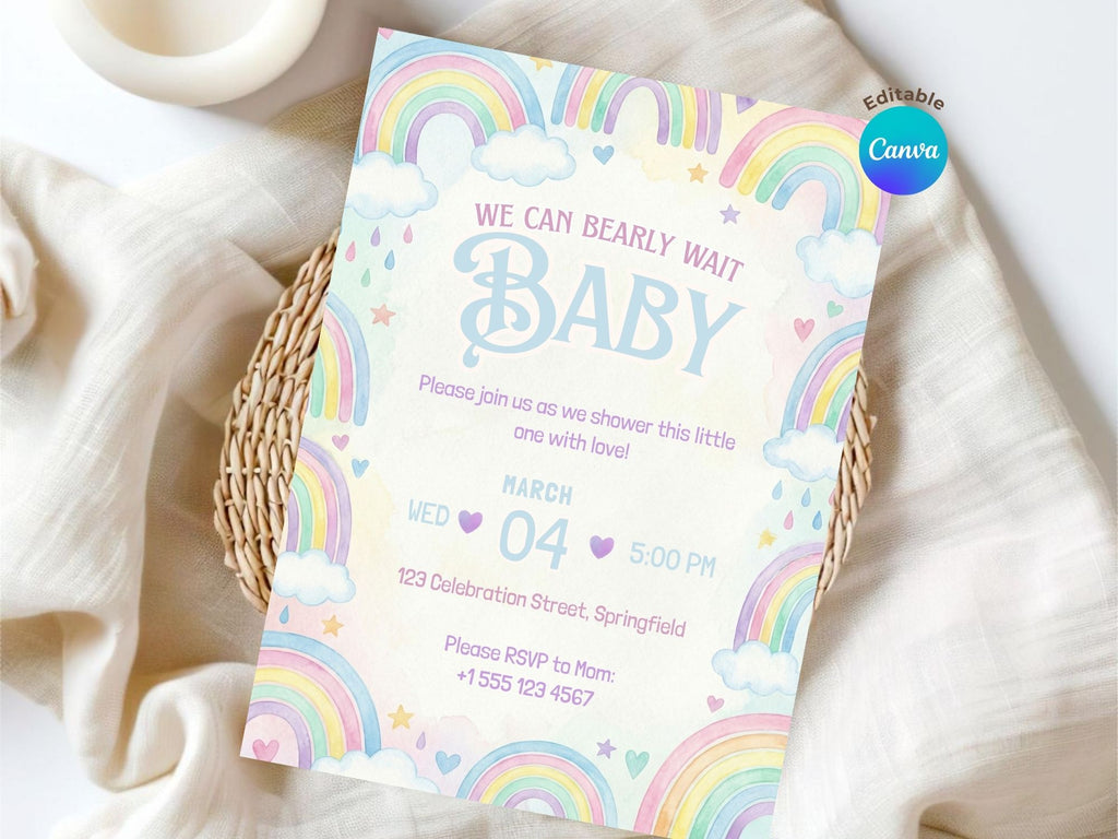 Watercolor Rainbow Baby Shower Invitation – Watercolor Plane Theme – Editable Canva Template – Share or Printable 5x7 – Instant Download