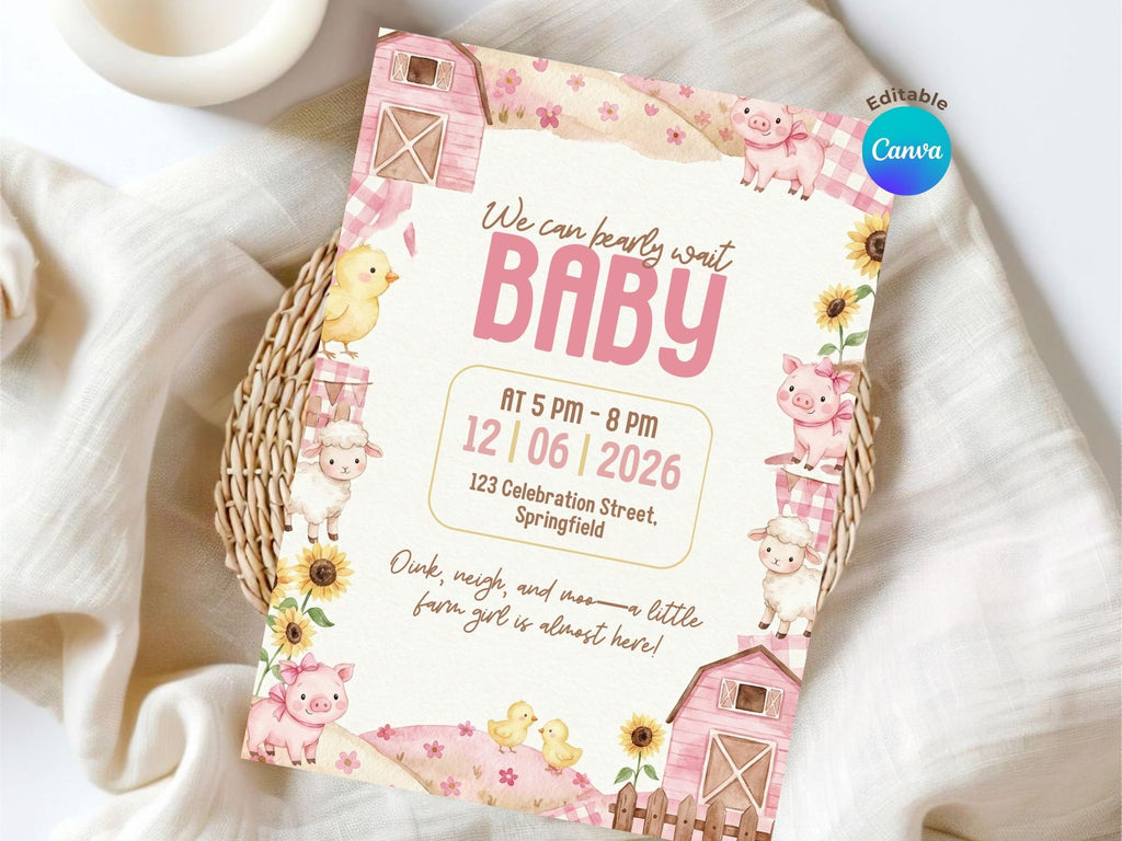 Pink Farm Baby Shower Invitation – Watercolor Plane Theme – Editable Canva Template – Share or Printable 5x7 – Instant Download