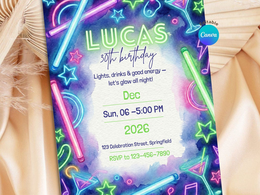Neon Drink Party Invitation – Editable Canva Template – Share or Printable 5x7 – Instant Download