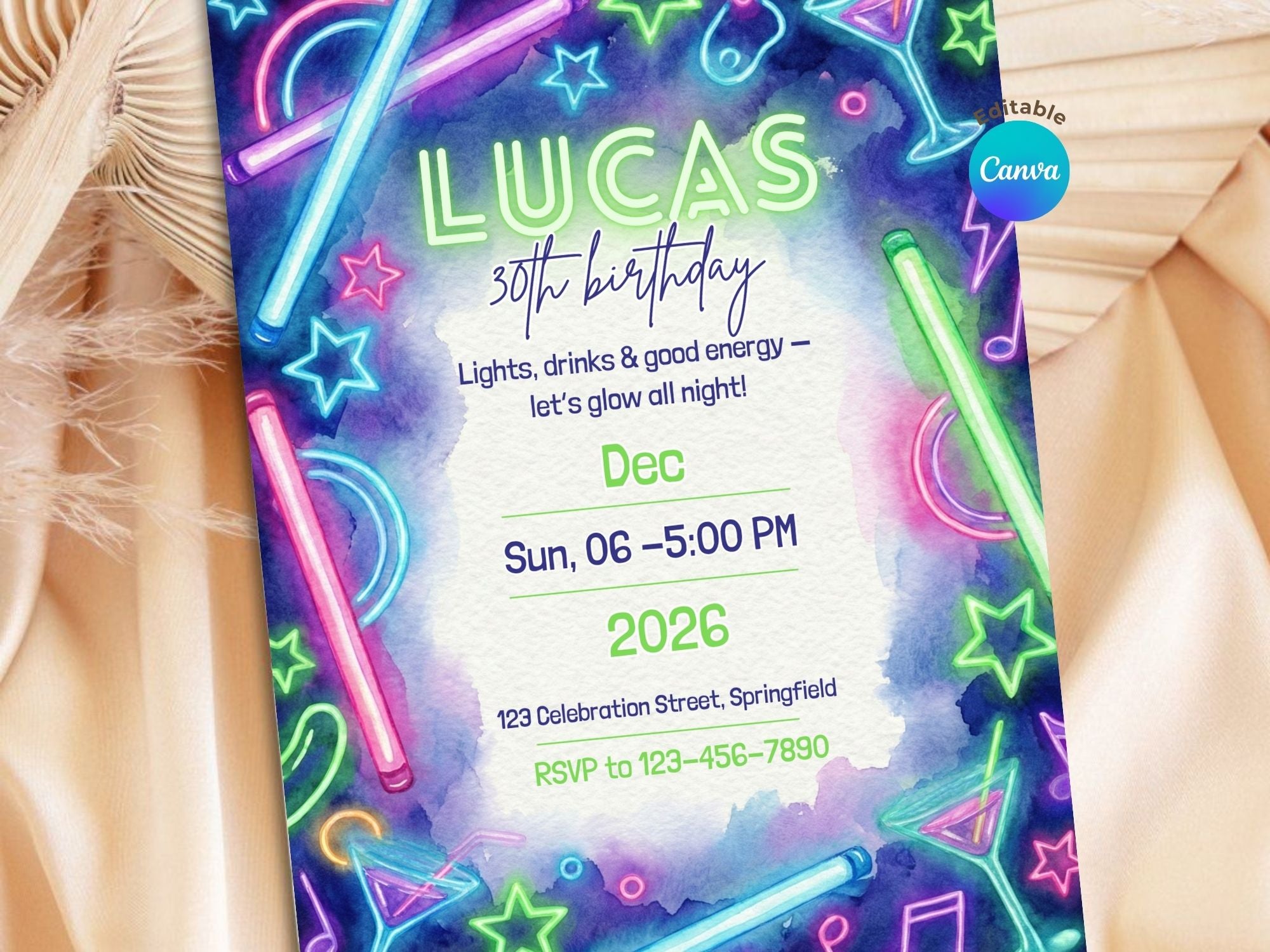 Neon Drink Party Invitation – Editable Canva Template – Share or Printable 5x7 – Instant Download