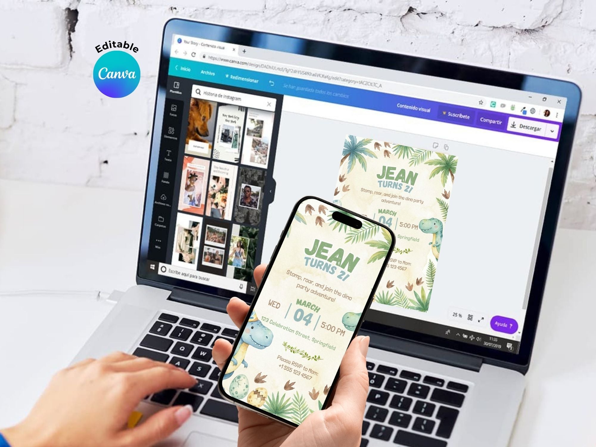 Dinosaur Watercolor Invitation – Editable Canva Template – Share or Printable 5x7 – Instant Download