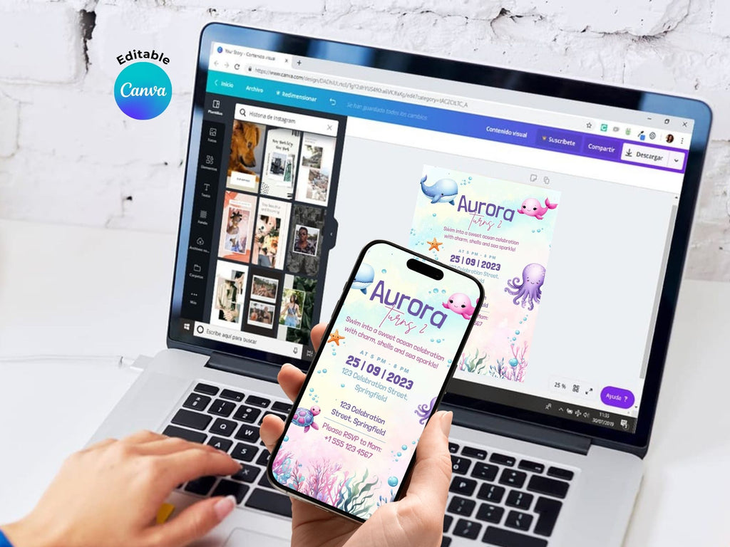 Pink Under The Sea Invitation – Editable Canva Template – Share or Printable 5x7 – Instant Download