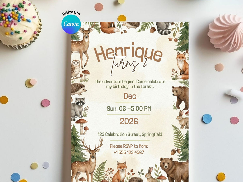 Forest Birthday Invitation – Editable Canva Template – Share or Printable 5x7 – Instant Download