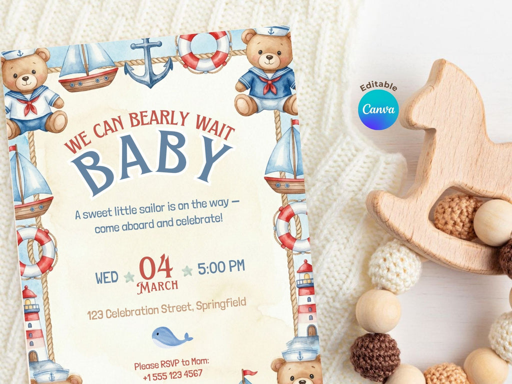Blue Sailor Baby Shower Invitation – Watercolor Plane Theme – Editable Canva Template – Share or Printable 5x7 – Instant Download