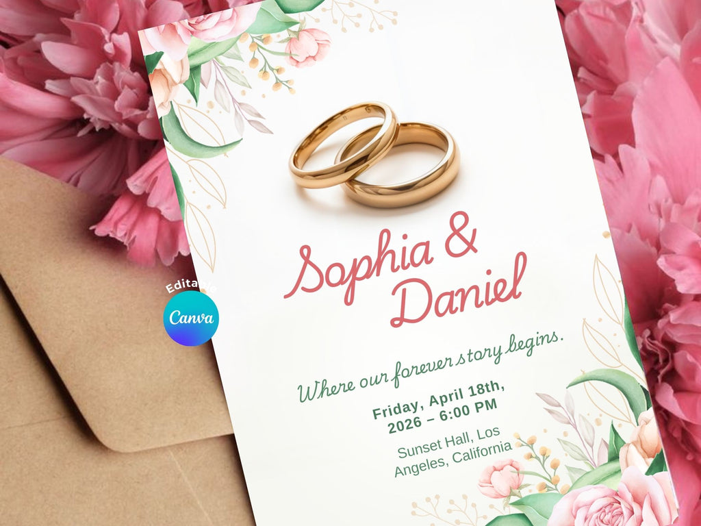 Blush Garden Wedding Invitation – Editable Canva Template – Share or Printable 5x7 – Instant Download