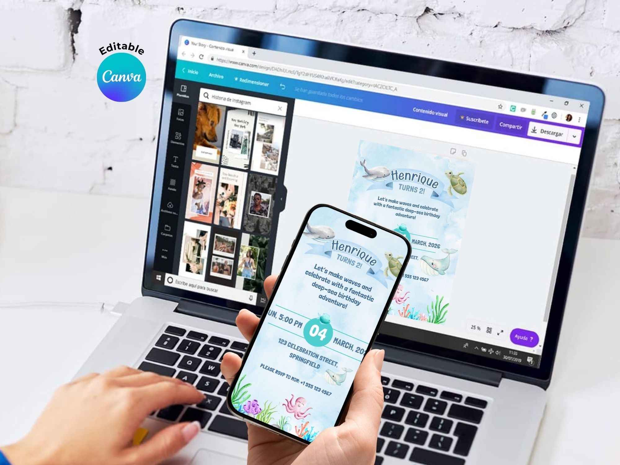 Ocean Coral Watercolor Invitation – Editable Canva Template – Share or Printable 5x7 – Instant Download