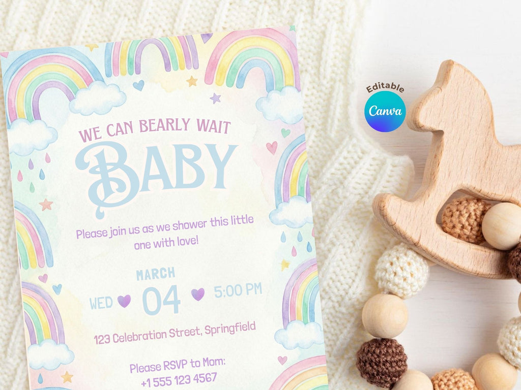 Watercolor Rainbow Baby Shower Invitation – Watercolor Plane Theme – Editable Canva Template – Share or Printable 5x7 – Instant Download