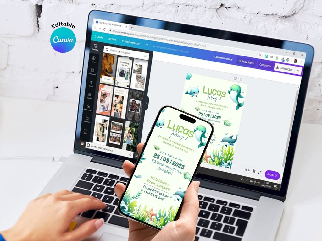 Green Ocean Watercolor Invitation – Editable Canva Template – Share or Printable 5x7 – Instant Download