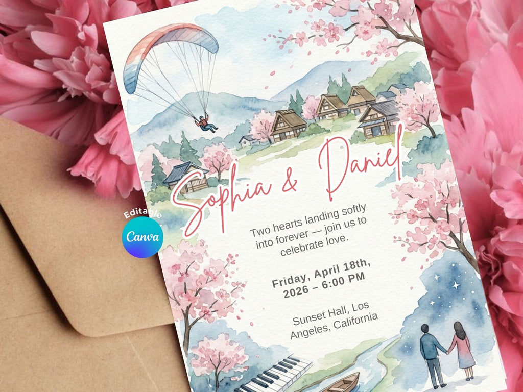 Landing in Love Wedding Invitation – Editable Canva Template – Share or Printable 5x7 – Instant Download