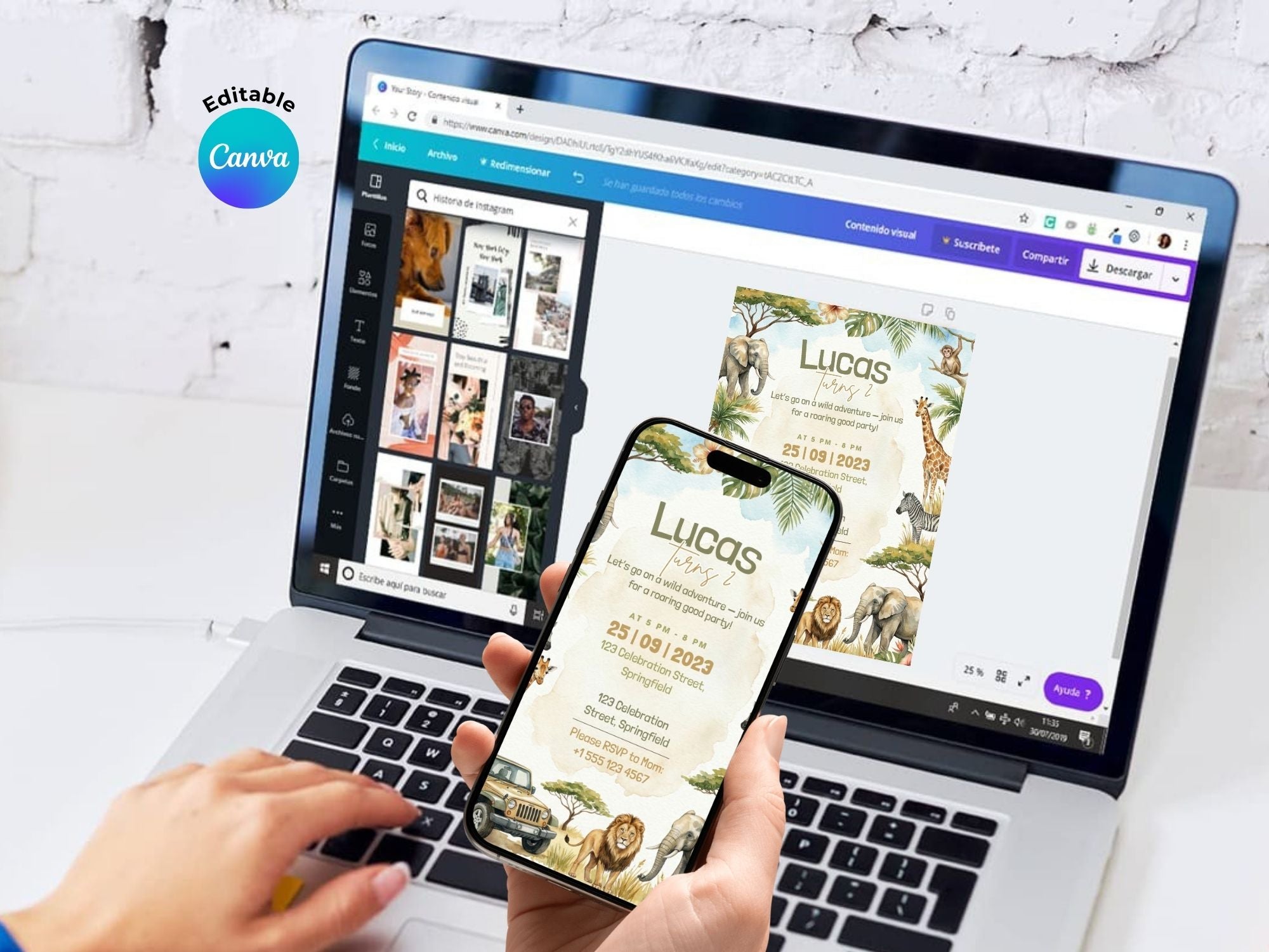 Safari Watercolor Birthday Invitation – Editable Canva Template – Share or Printable 5x7 – Instant Download