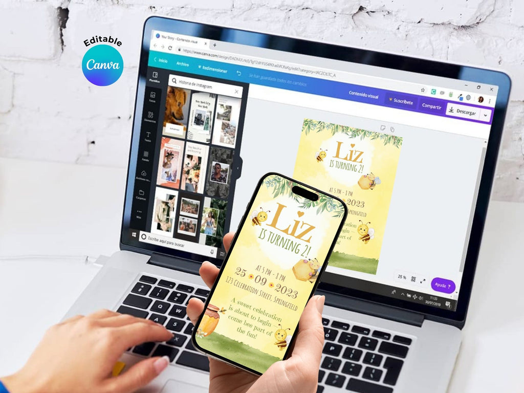 Honey Bee Floral Invitation – Editable Canva Template – Share or Printable 5x7 – Instant Download