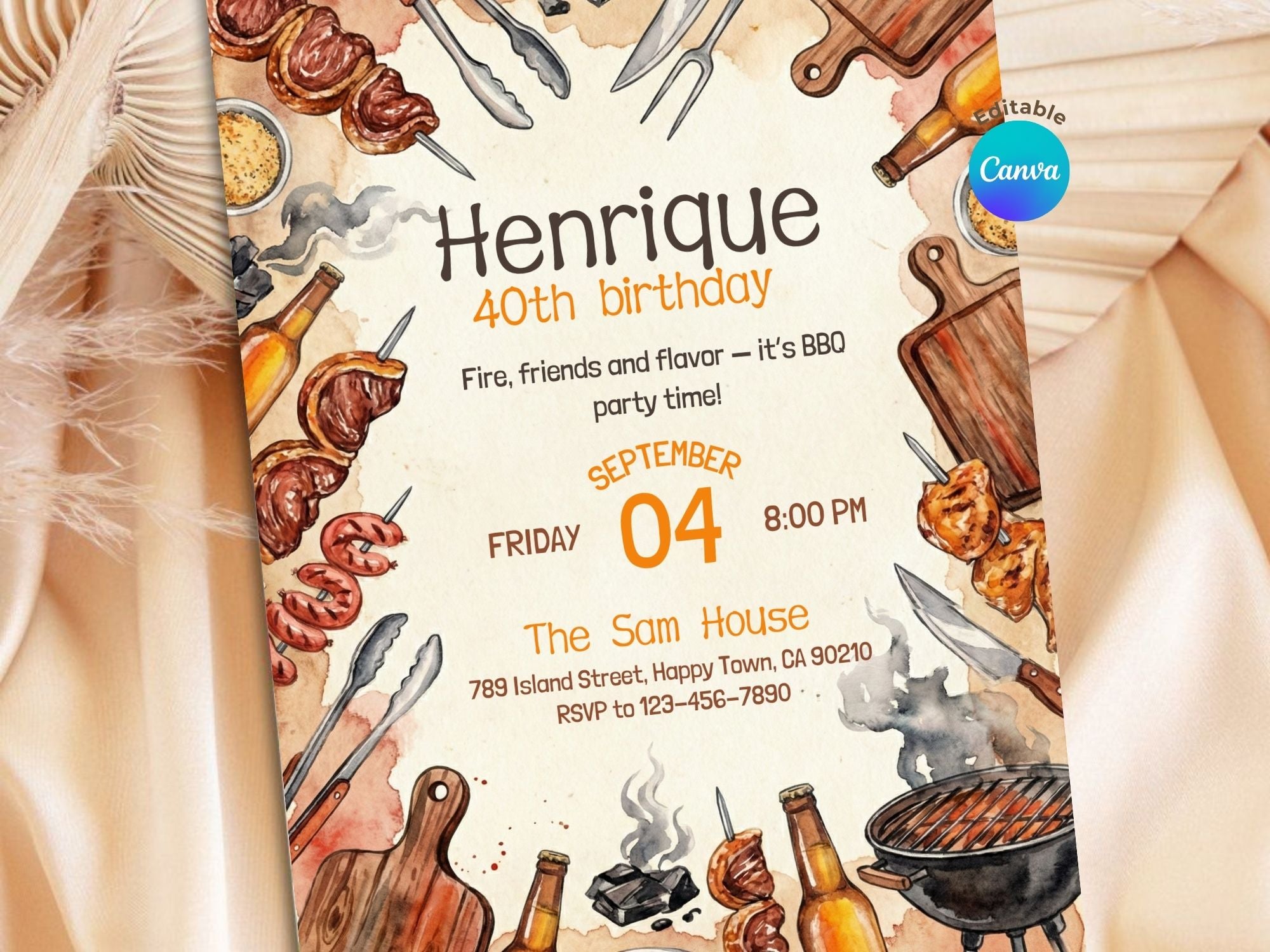 BBQ Watercolor Invitation – Editable Canva Template – Share or Printable 5x7 – Instant Download