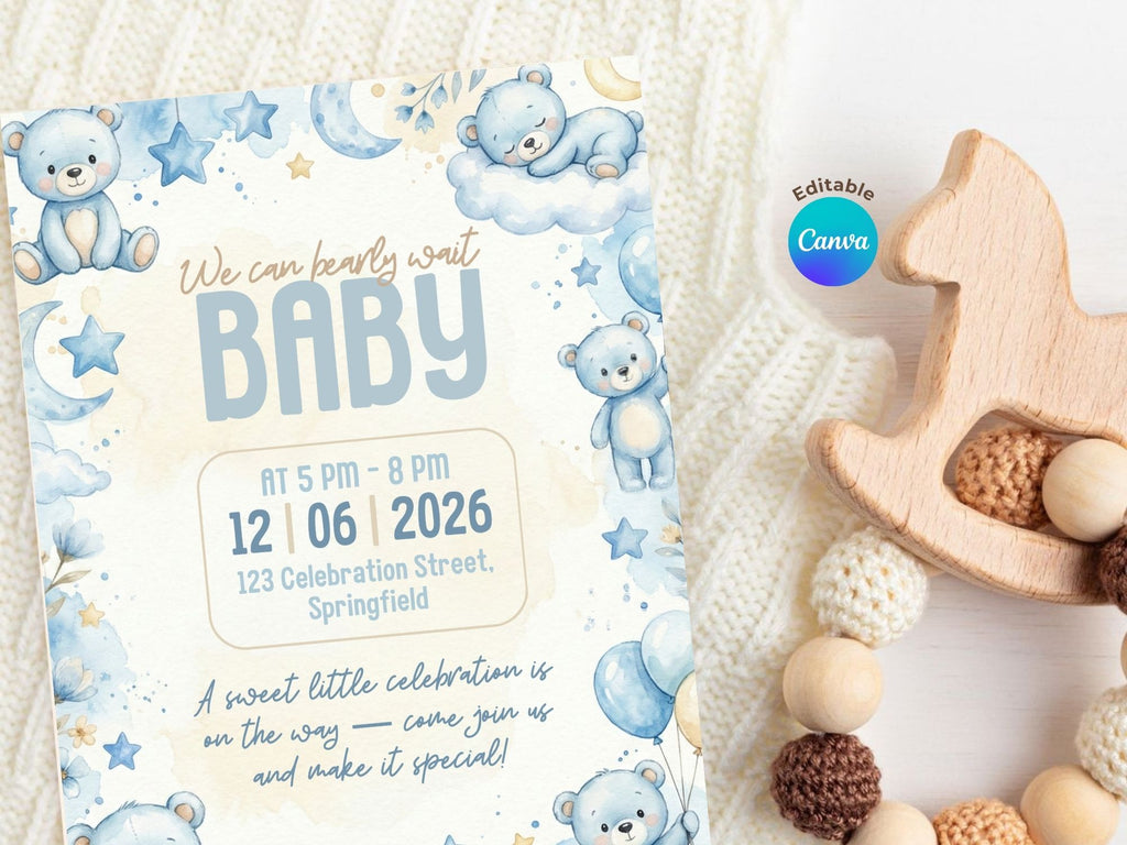Blue Teddy Bear Invitation – Watercolor Plane Theme – Editable Canva Template – Share or Printable 5x7 – Instant Download