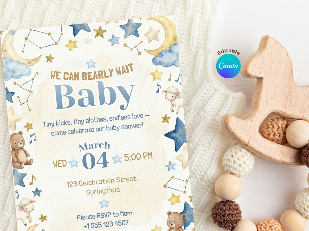 Blue Sky Baby Shower Invitation – Watercolor Plane Theme – Editable Canva Template – Share or Printable 5x7 – Instant Download