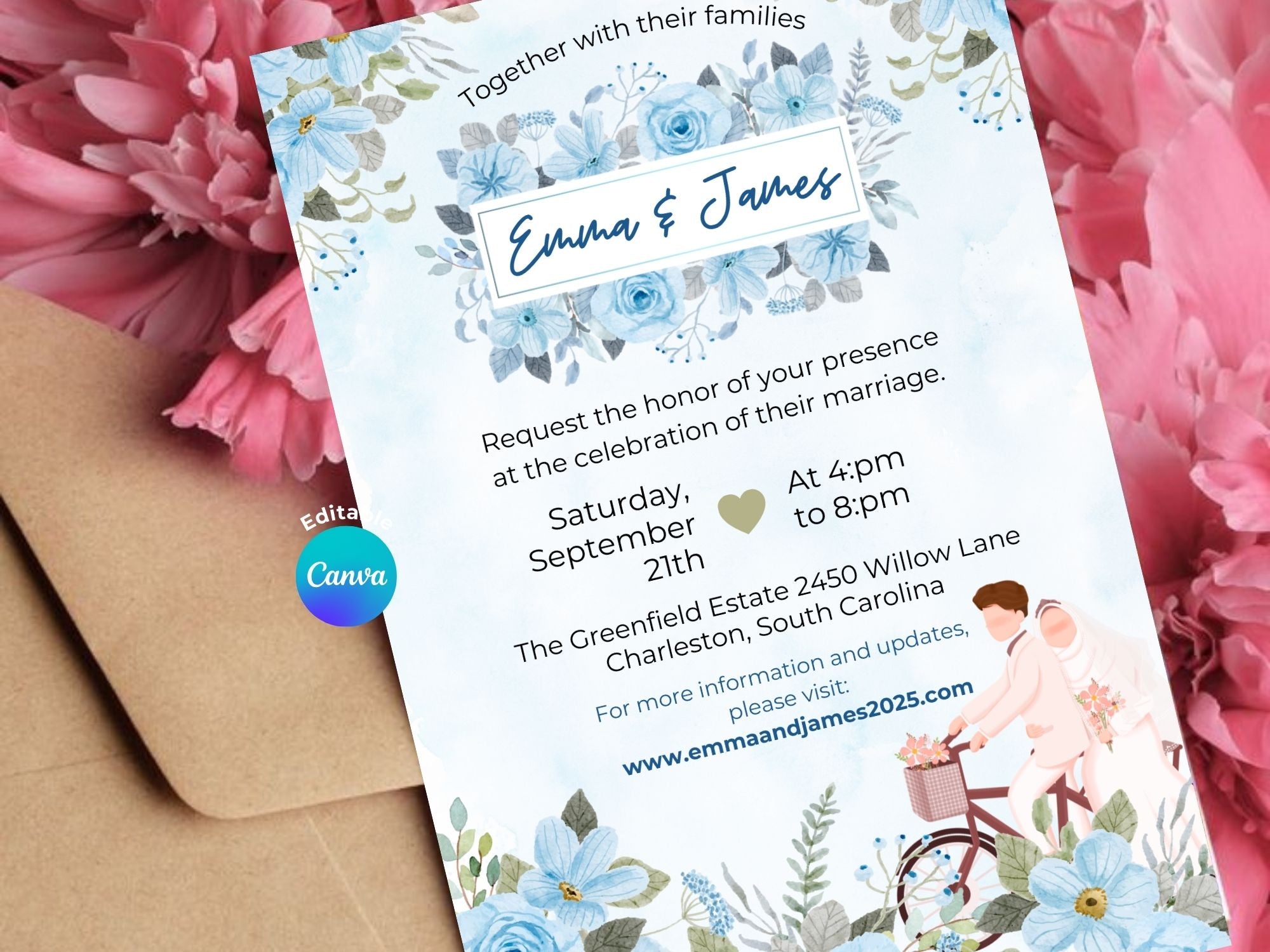 Romantic Blue Wedding  Invitation – Editable Canva Template – Share video mp4 or Printable 5x7 – Instant Download