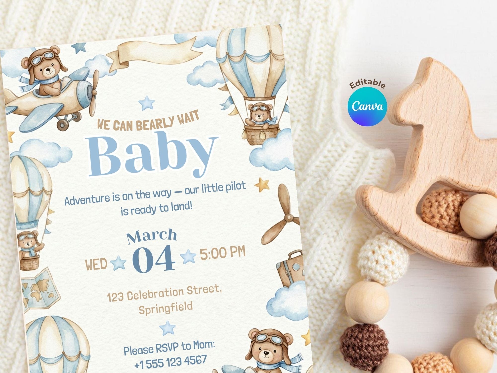 Aviator Teddy Baby Shower Invitation – Watercolor Plane Theme – Editable Canva Template – Share or Printable 5x7 – Instant Download