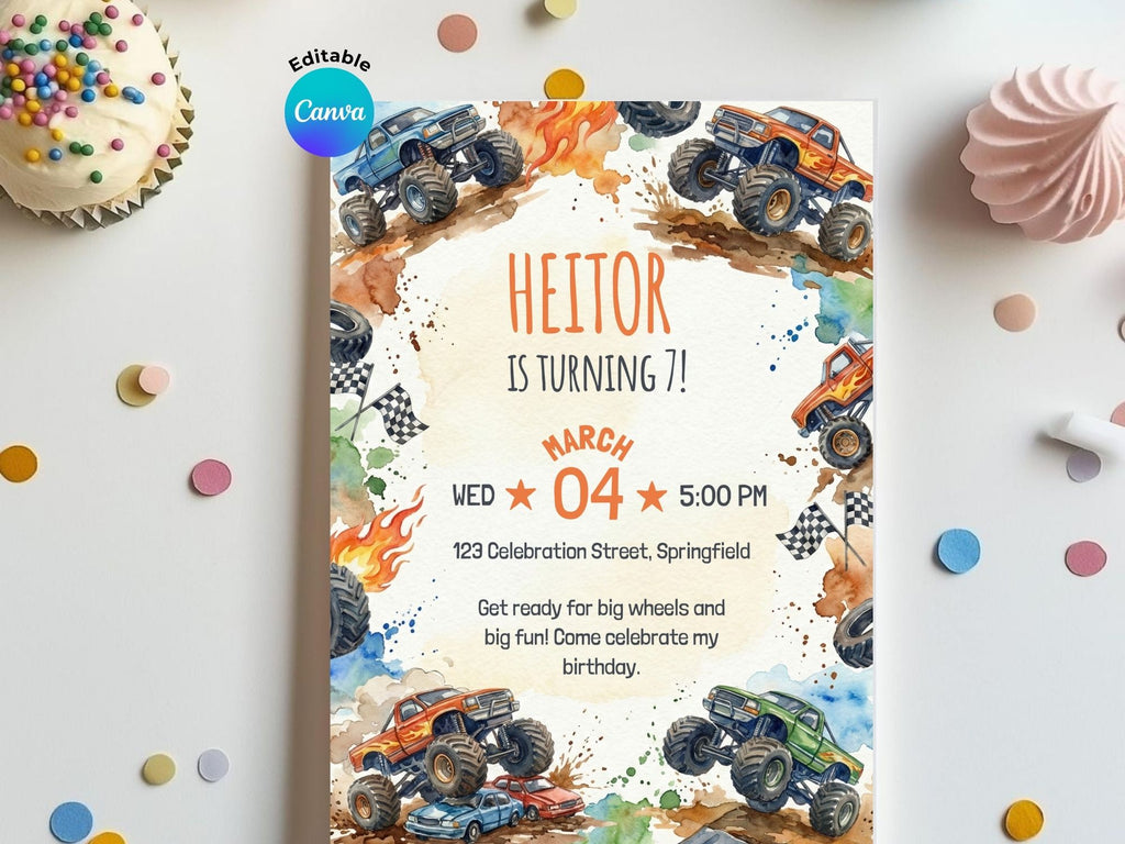 Monster Truck Birthday Invitation – Editable Canva Template – Share or Printable 5x7 – Instant Download