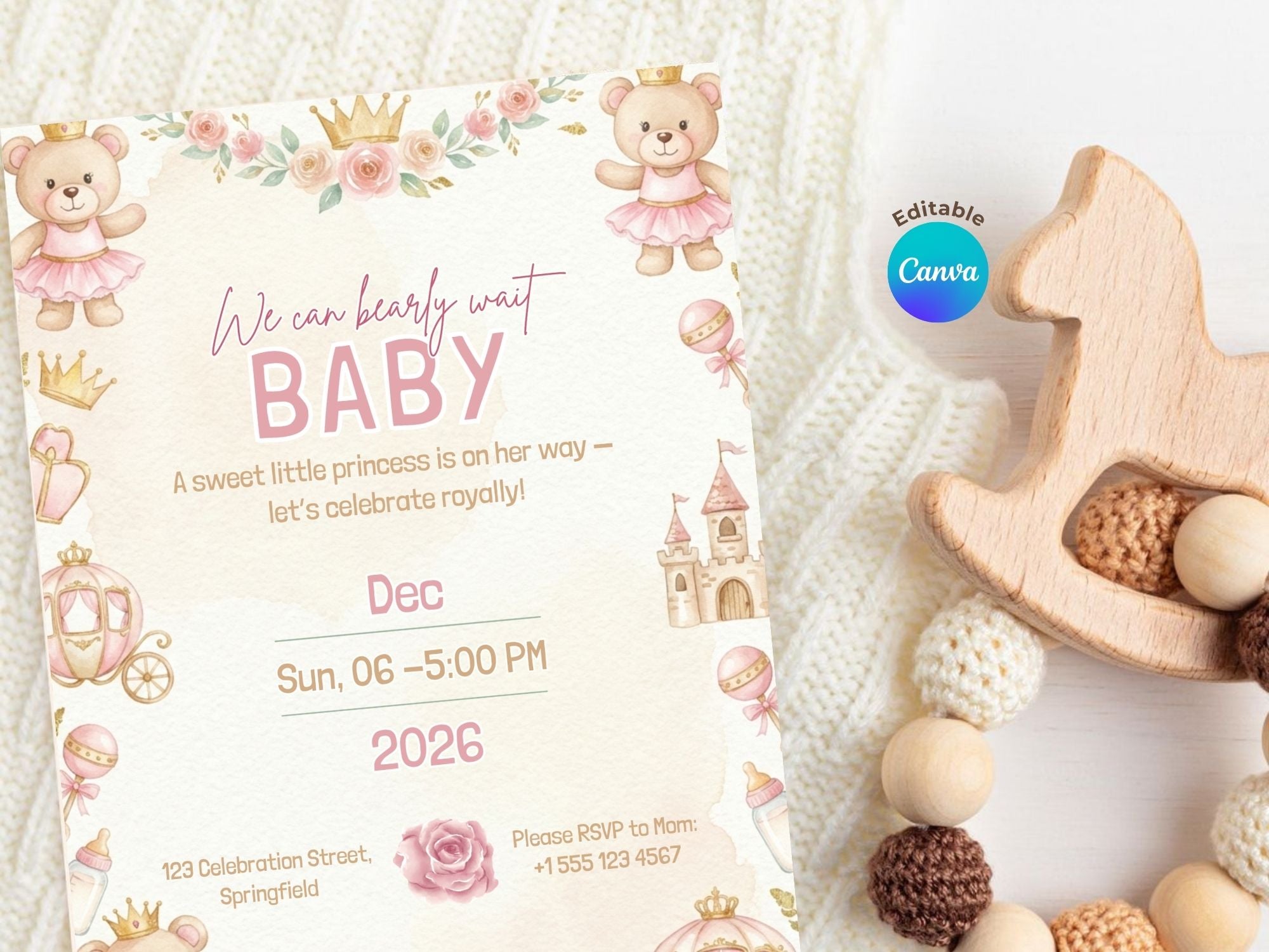 Pink Royal Teddy Baby Shower Invitation – Watercolor Plane Theme – Editable Canva Template – Share or Printable 5x7 – Instant Download