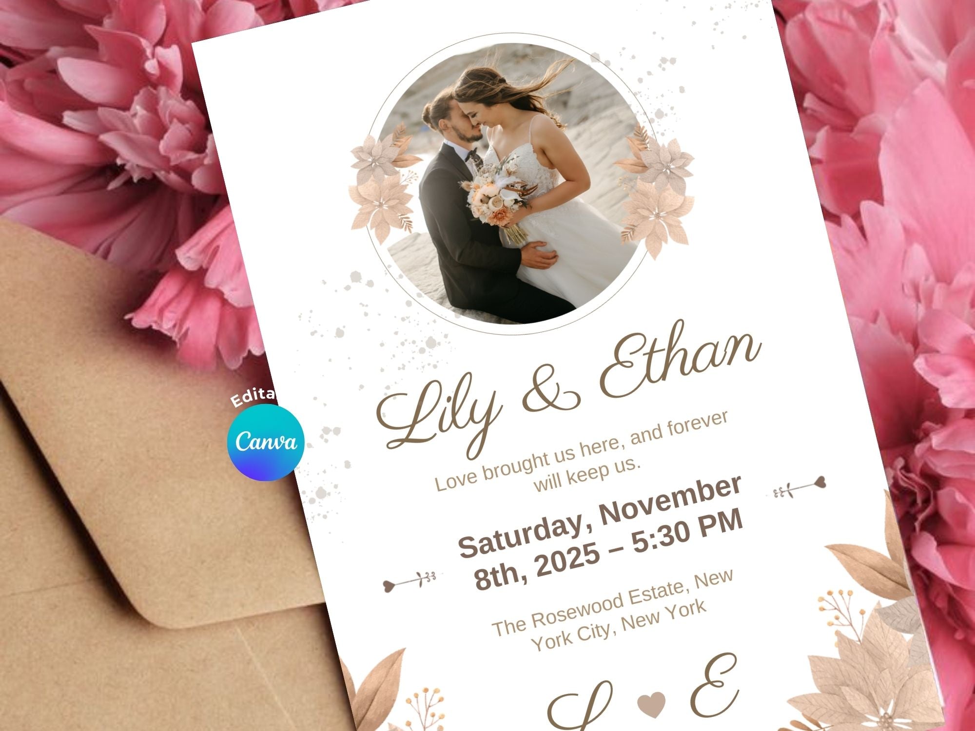 Whispering Blooms Wedding Invitation – Editable Canva Template – Share or Printable 5x7 – Instant Download