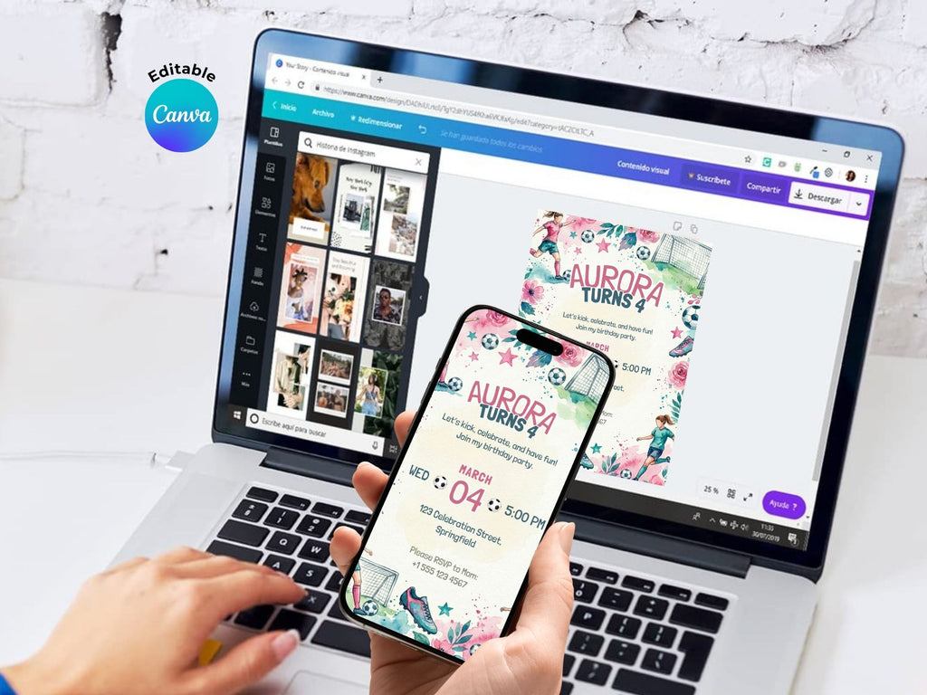 Soccer Girl Birthday Invitation – Editable Canva Template – Share or Printable 5x7 – Instant Download