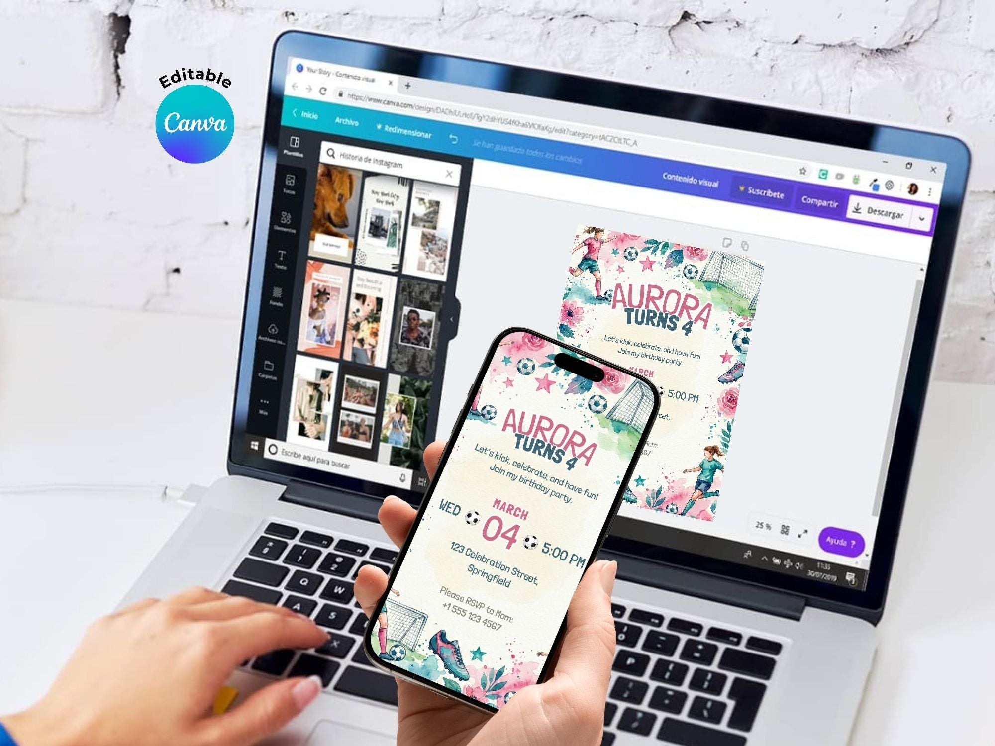 Soccer Girl Birthday Invitation – Editable Canva Template – Share or Printable 5x7 – Instant Download