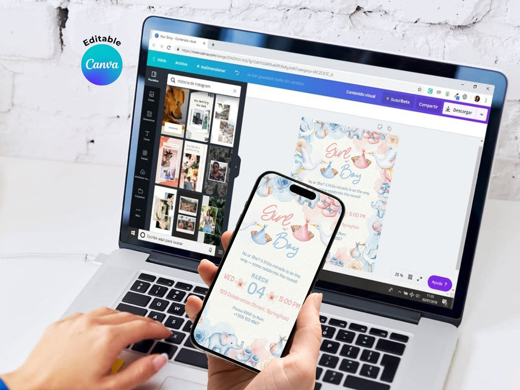 Elephant Gender Reveal Invitation – Watercolor Plane Theme – Editable Canva Template – Share or Printable 5x7 – Instant Download