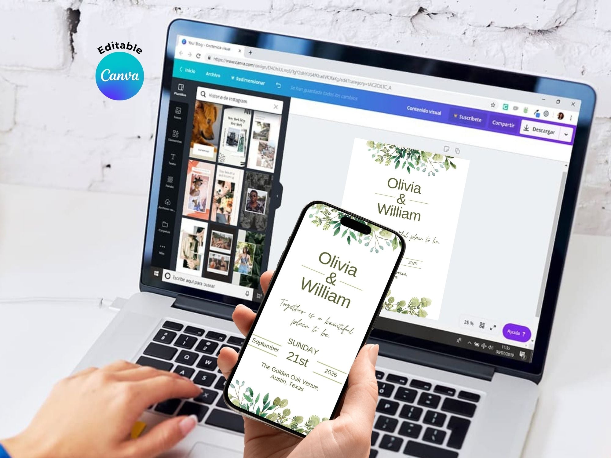 Timeless Bloom Wedding Invitation – Editable Canva Template – Share or Printable 5x7 – Instant Download