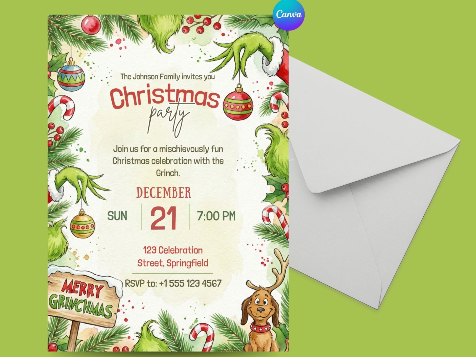 Grinch Christmas Party – Editable Canva Template – Share or Printable 5x7 – Instant Download