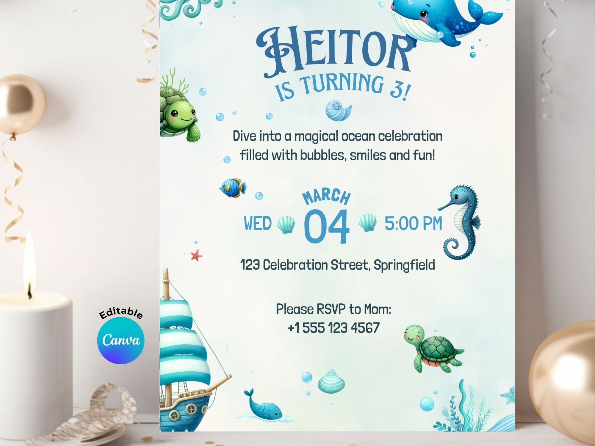 Blue Under The Sea Invitation – Editable Canva Template – Share or Printable 5x7 – Instant Download