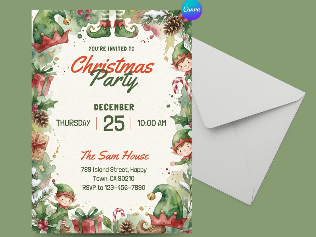 Christmas Elf Party – Editable Canva Template – Share or Printable 5x7 – Instant Download