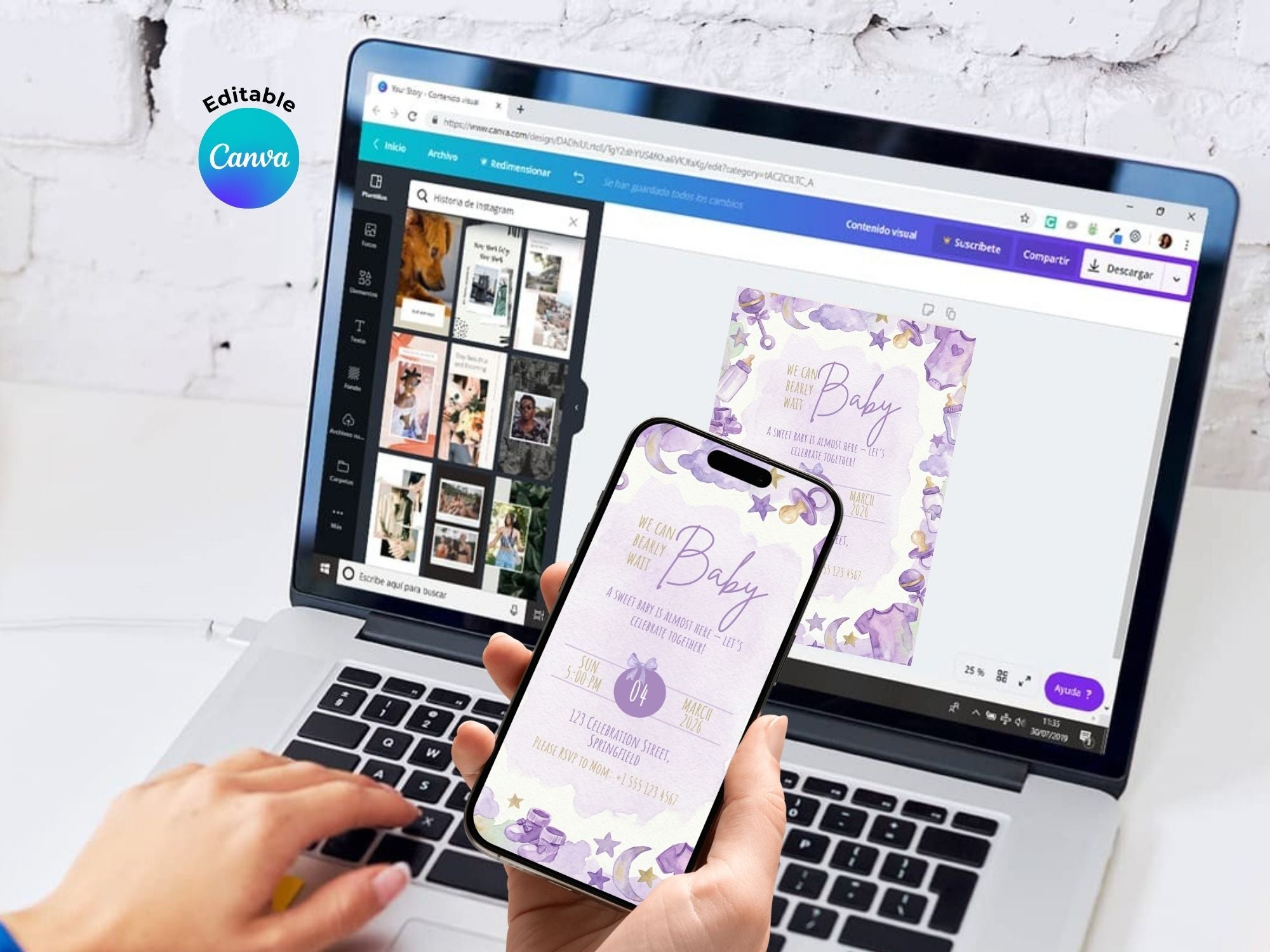 Purple Starry Baby Shower Invitation – Watercolor Plane Theme – Editable Canva Template – Share or Printable 5x7 – Instant Download