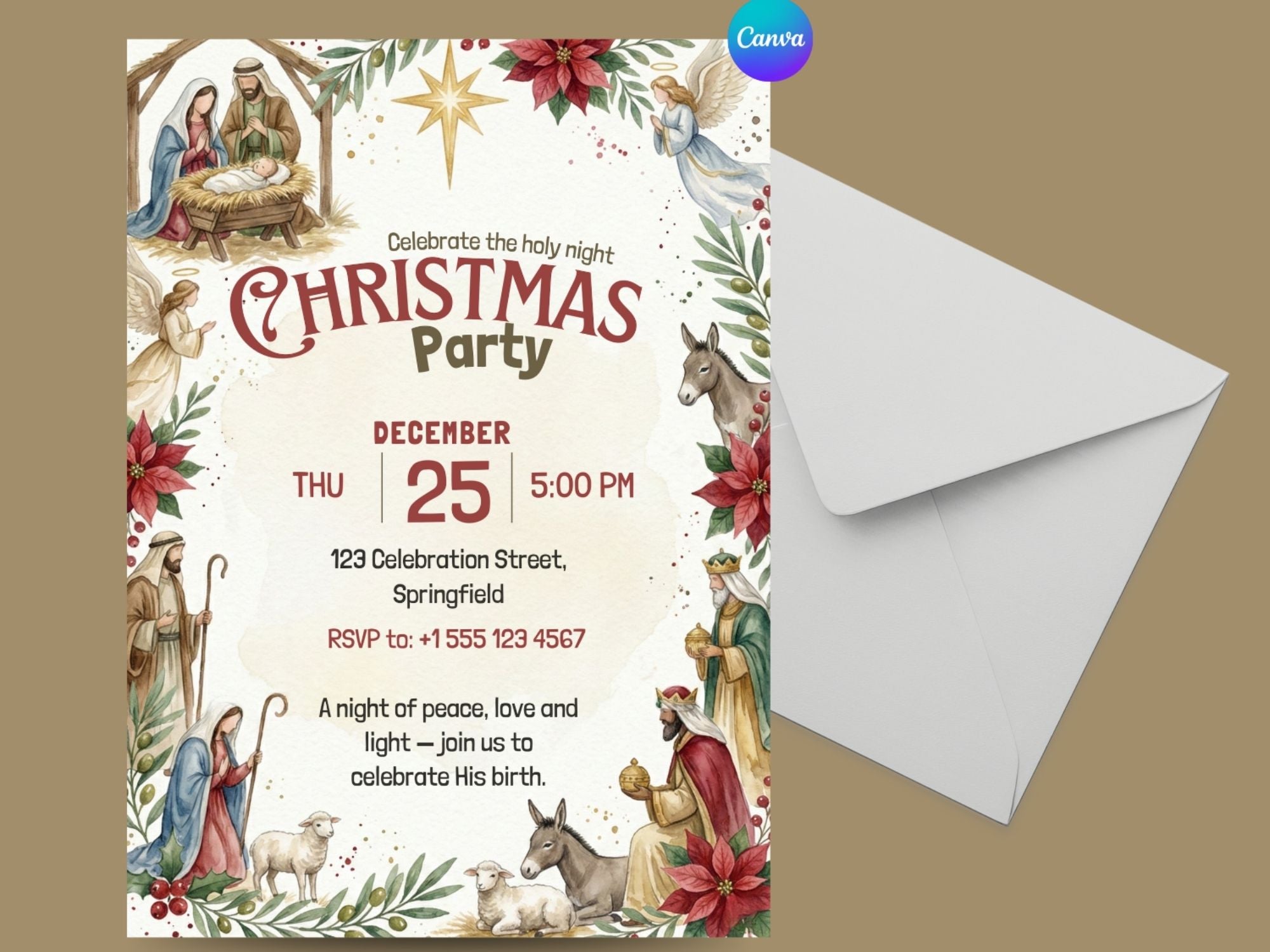 Nativity Christmas Invitation – Editable Canva Template – Share or Printable 5x7 – Instant Download