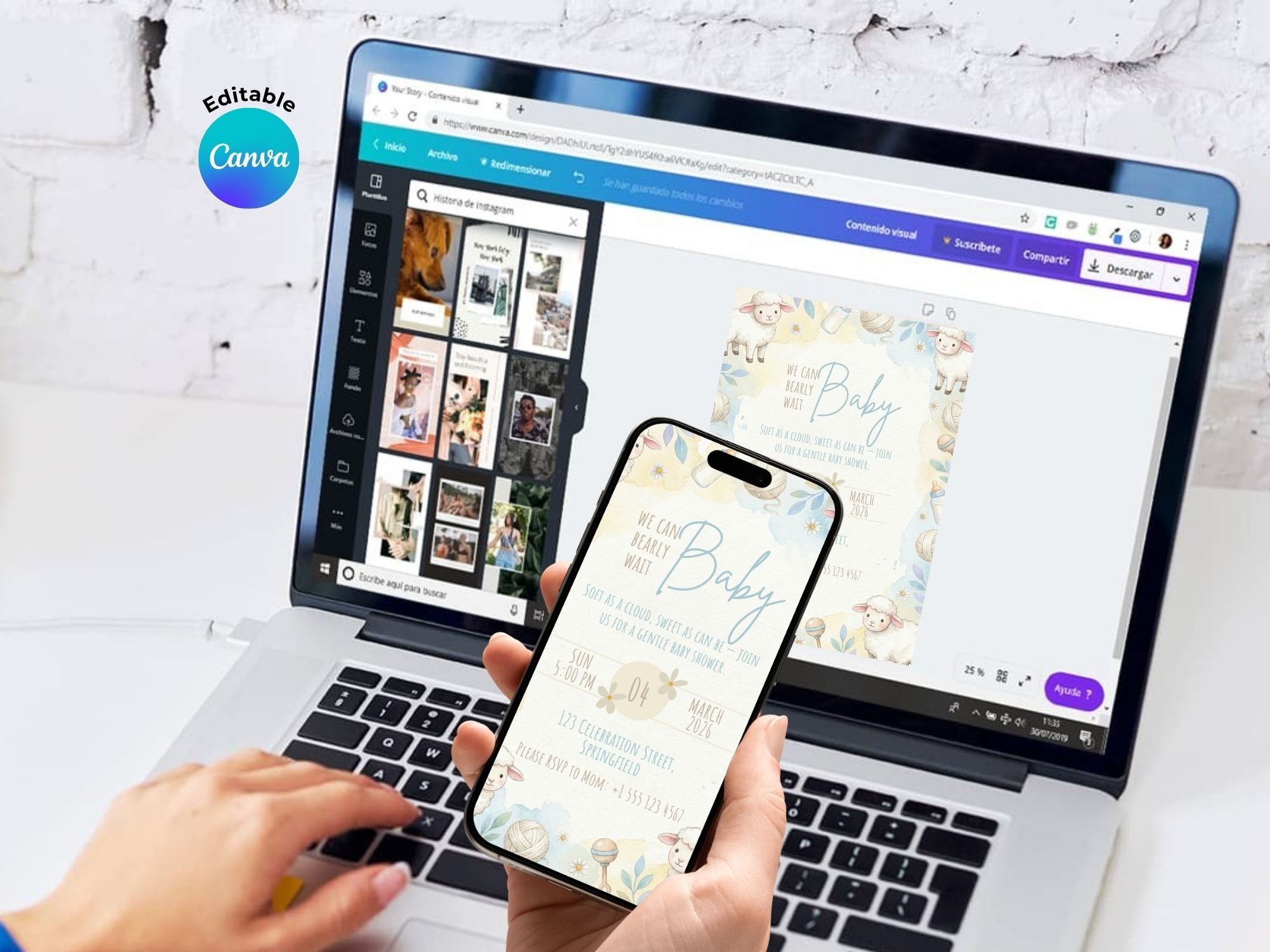 Sheep Baby Shower Invitation – Watercolor Plane Theme – Editable Canva Template – Share or Printable 5x7 – Instant Download