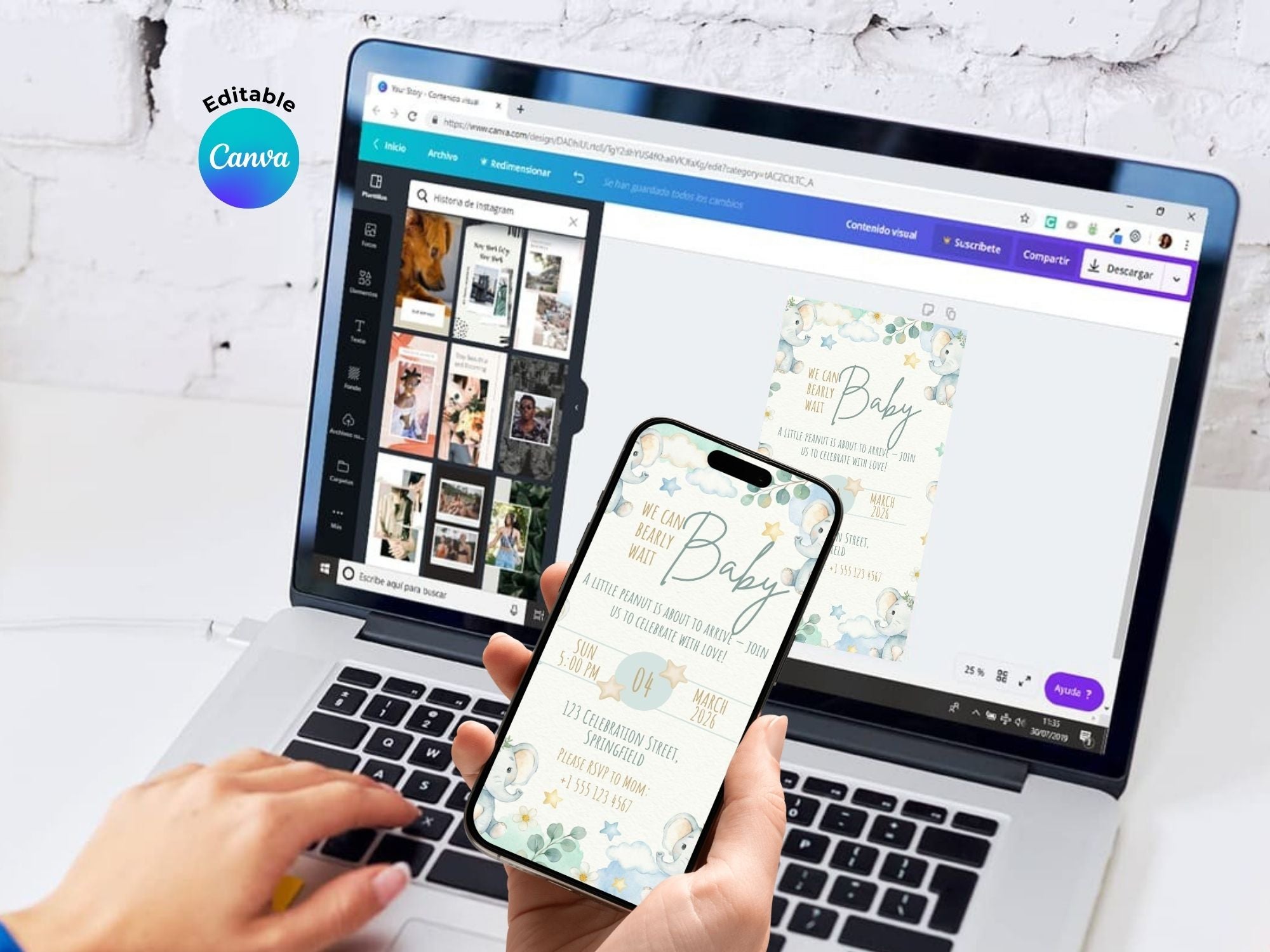 Baby Elephant Shower Invitation – Watercolor Plane Theme – Editable Canva Template – Share or Printable 5x7 – Instant Download