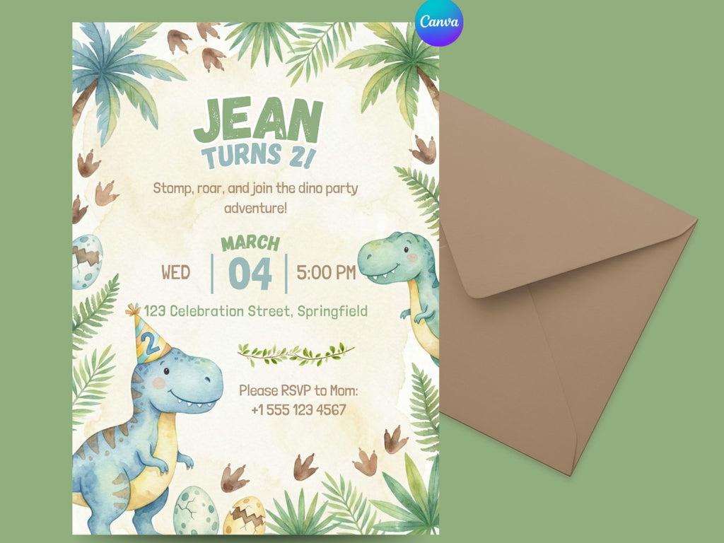 Dinosaur Watercolor Invitation – Editable Canva Template – Share or Printable 5x7 – Instant Download