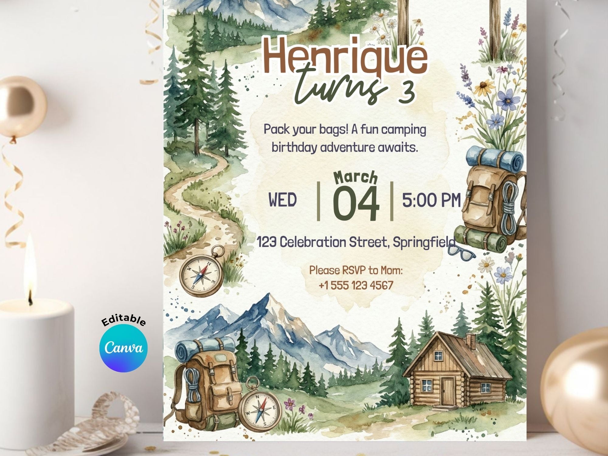 Camping Birthday Invitation – Editable Canva Template – Share or Printable 5x7 – Instant Download