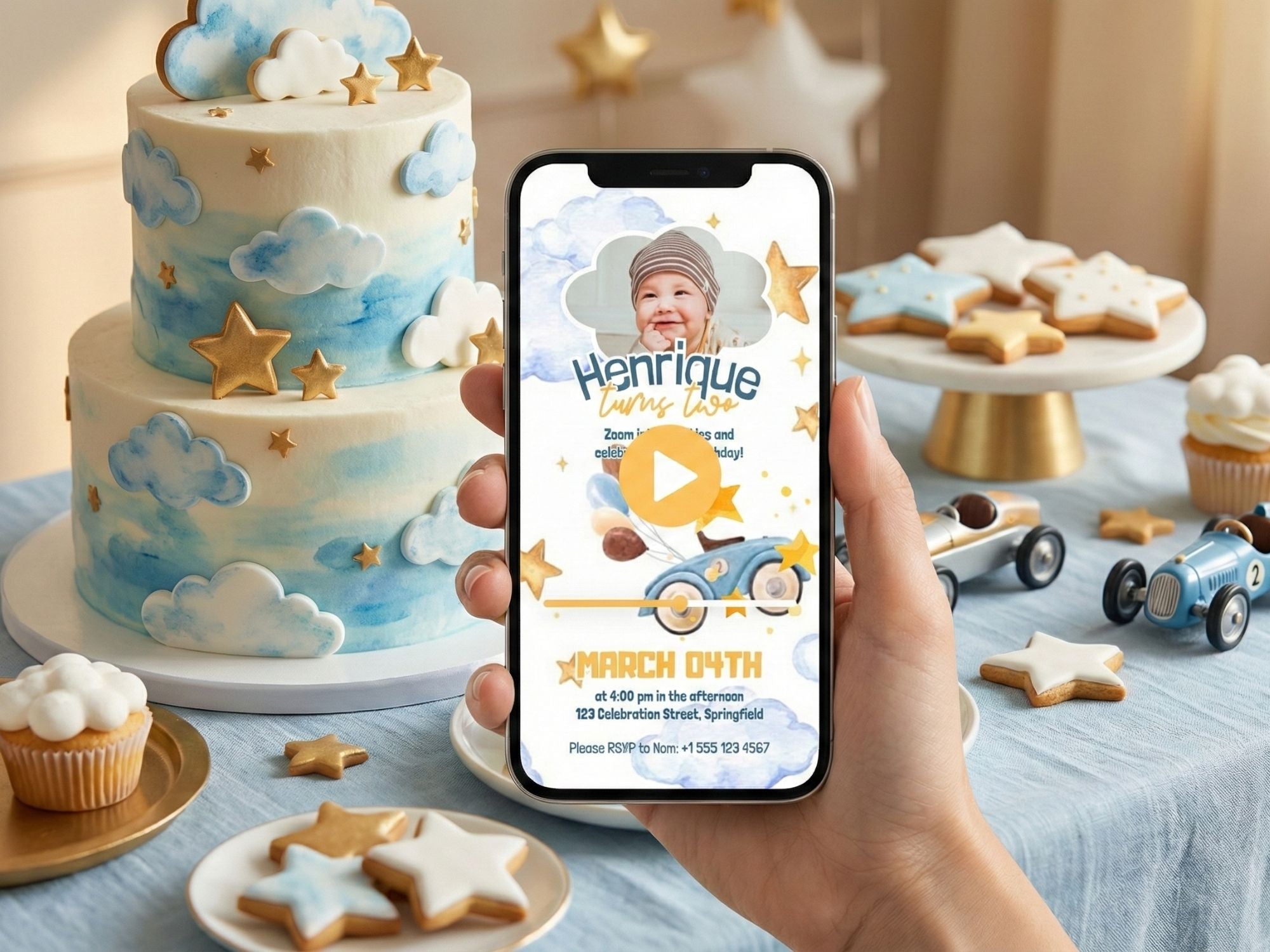 Flying Car Second Birthday Invitation – Editable Canva Template – Share video mp4 – Instant Download