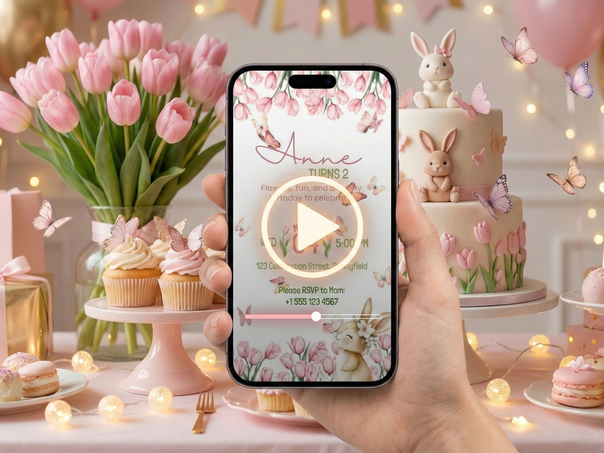 Floral Bunny Birthday Invitation – Editable Canva Template – Share video mp4 – Instant Download
