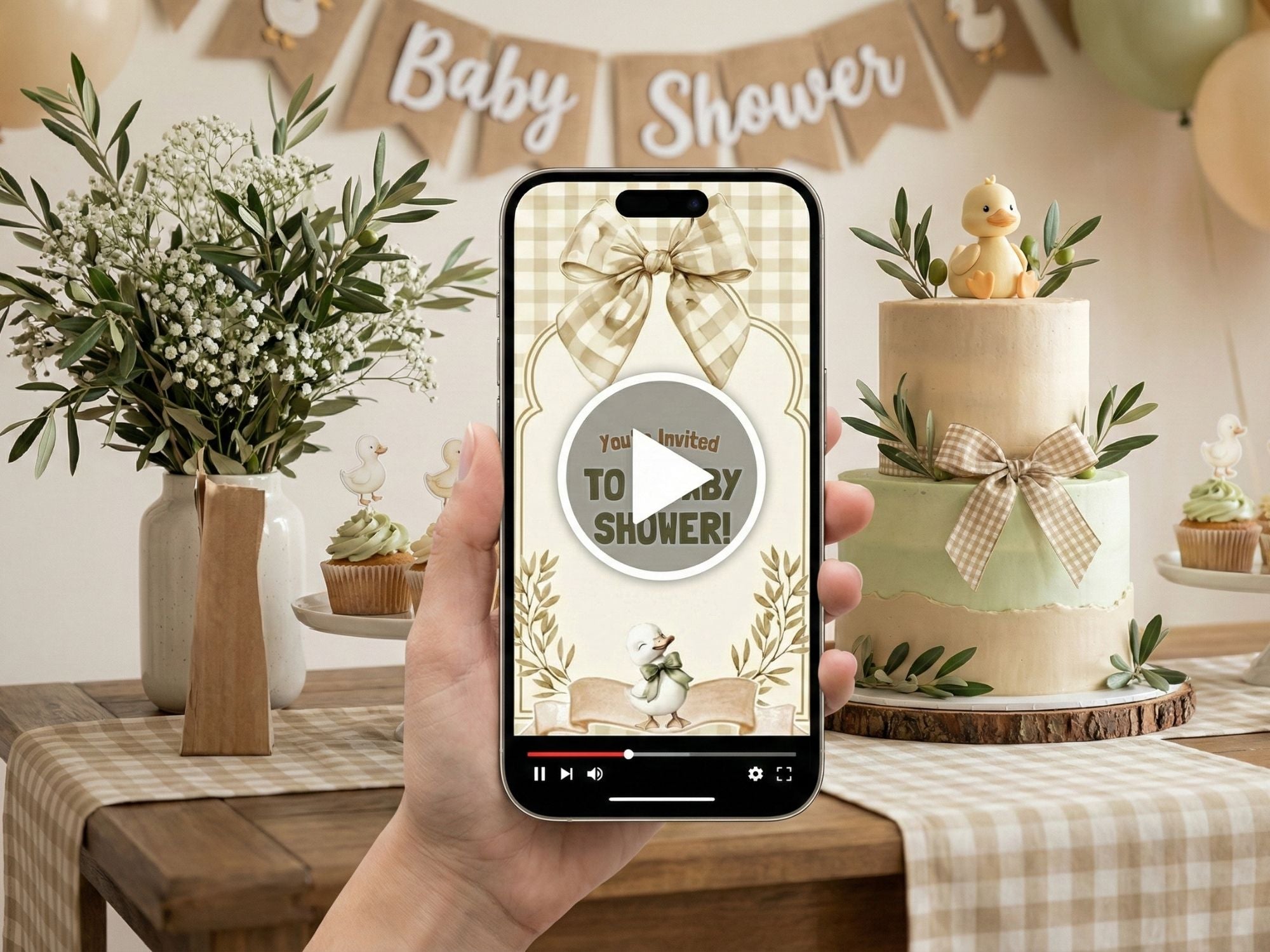 Checkered Duck Baby Shower Invitation – Editable Canva Template – Share video mp4 – Instant Download
