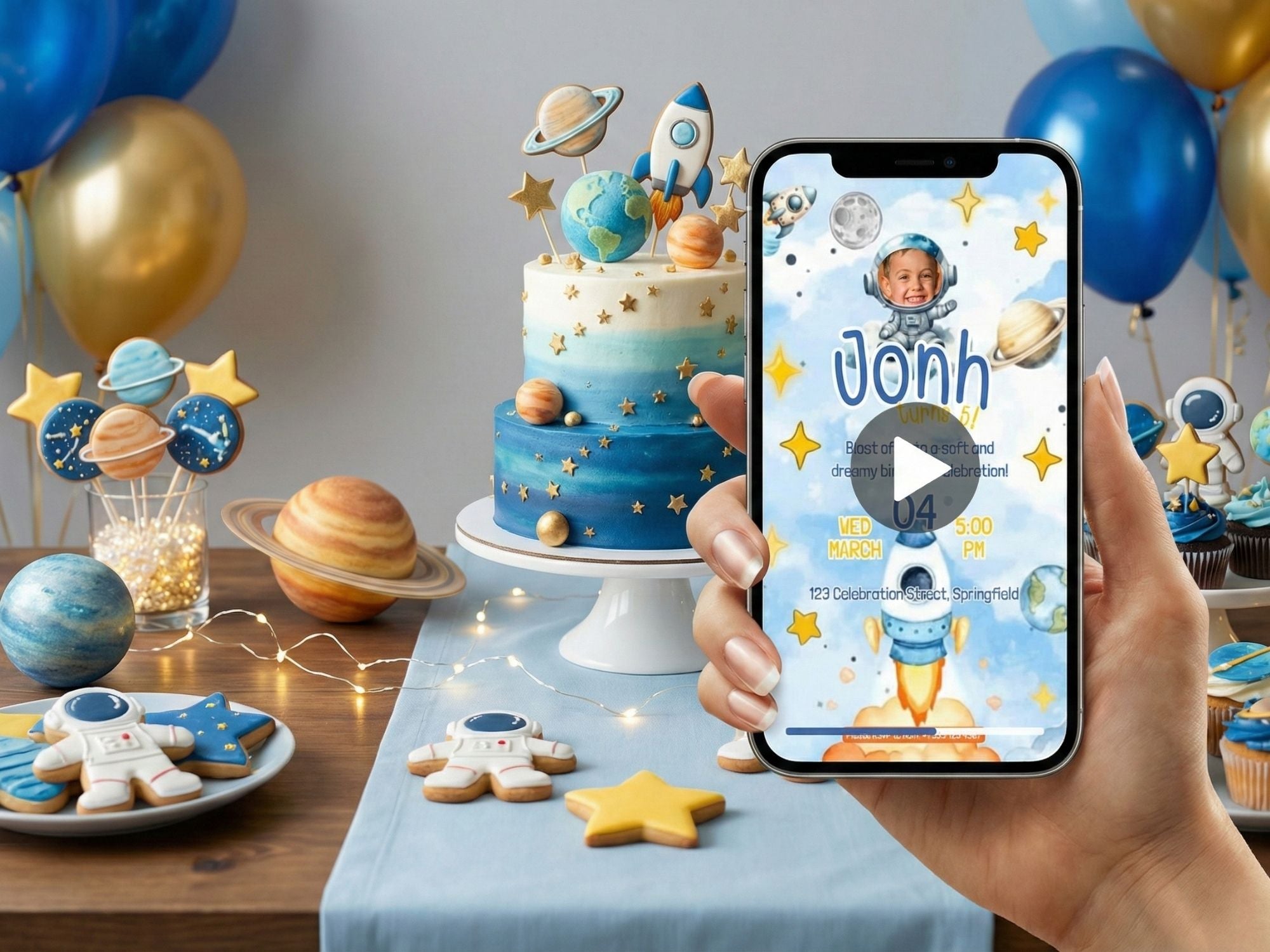 Astronaut In The Clouds Birthday Invitation – Editable Canva Template – Share video mp4 – Instant Download