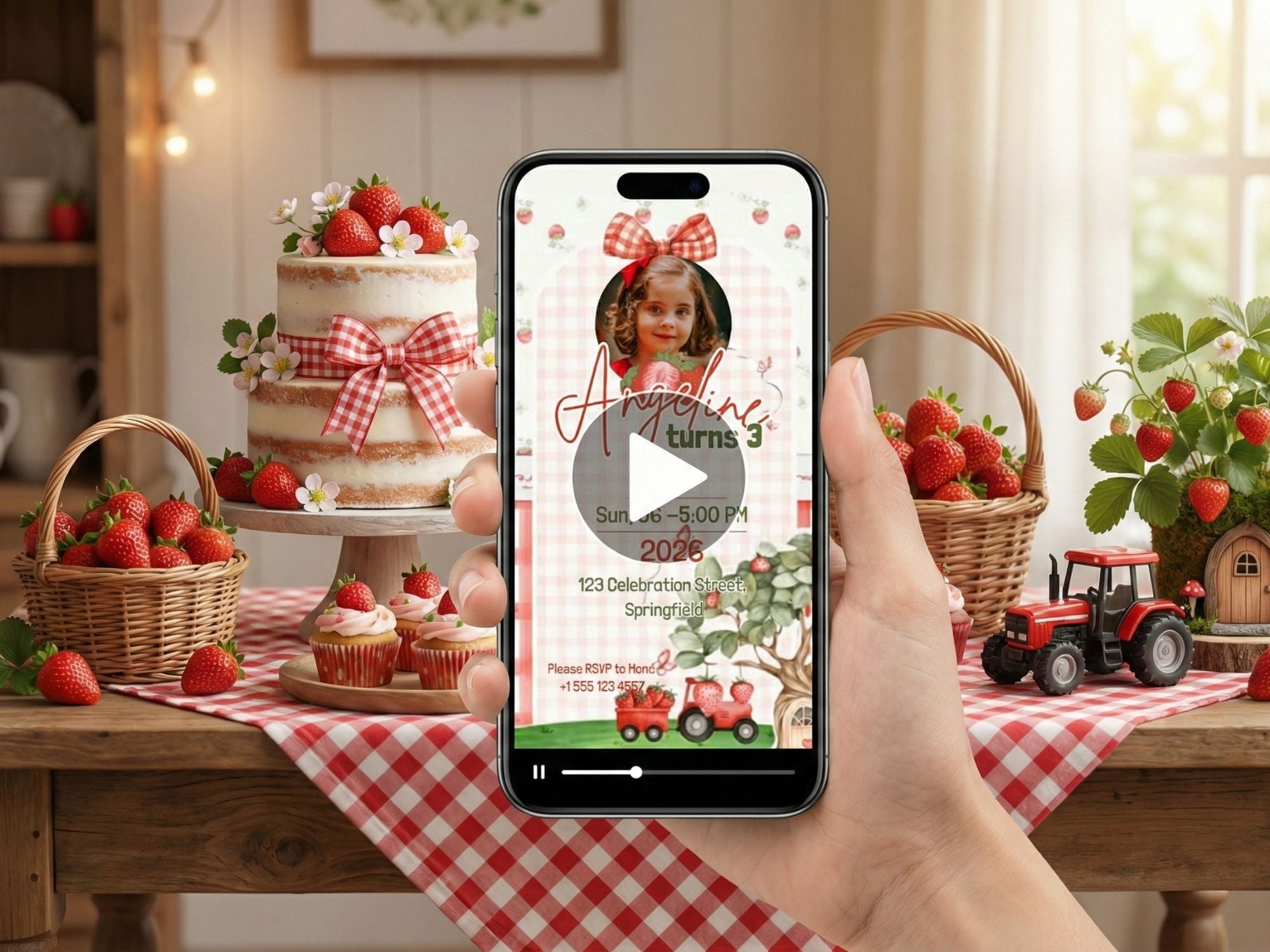 Strawberry Birthday Invitation – Editable Canva Template – Share video mp4 – Instant Download