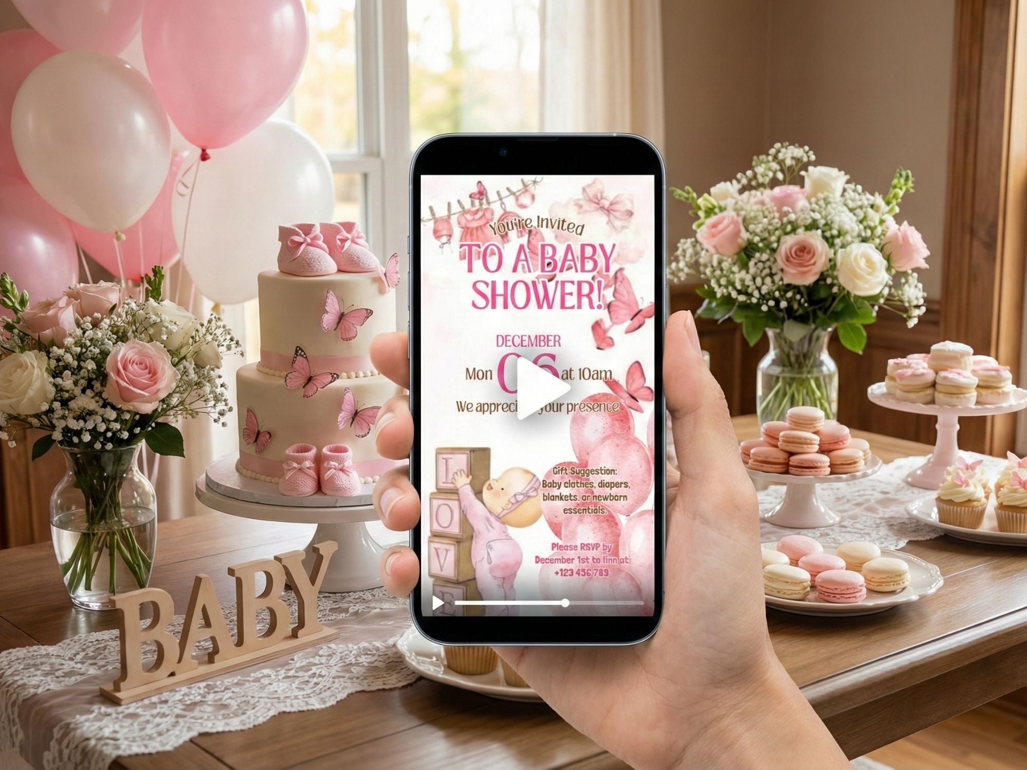 Pink Baby Love Baby Shower – Editable Canva Template – Share video mp4 – Instant Download