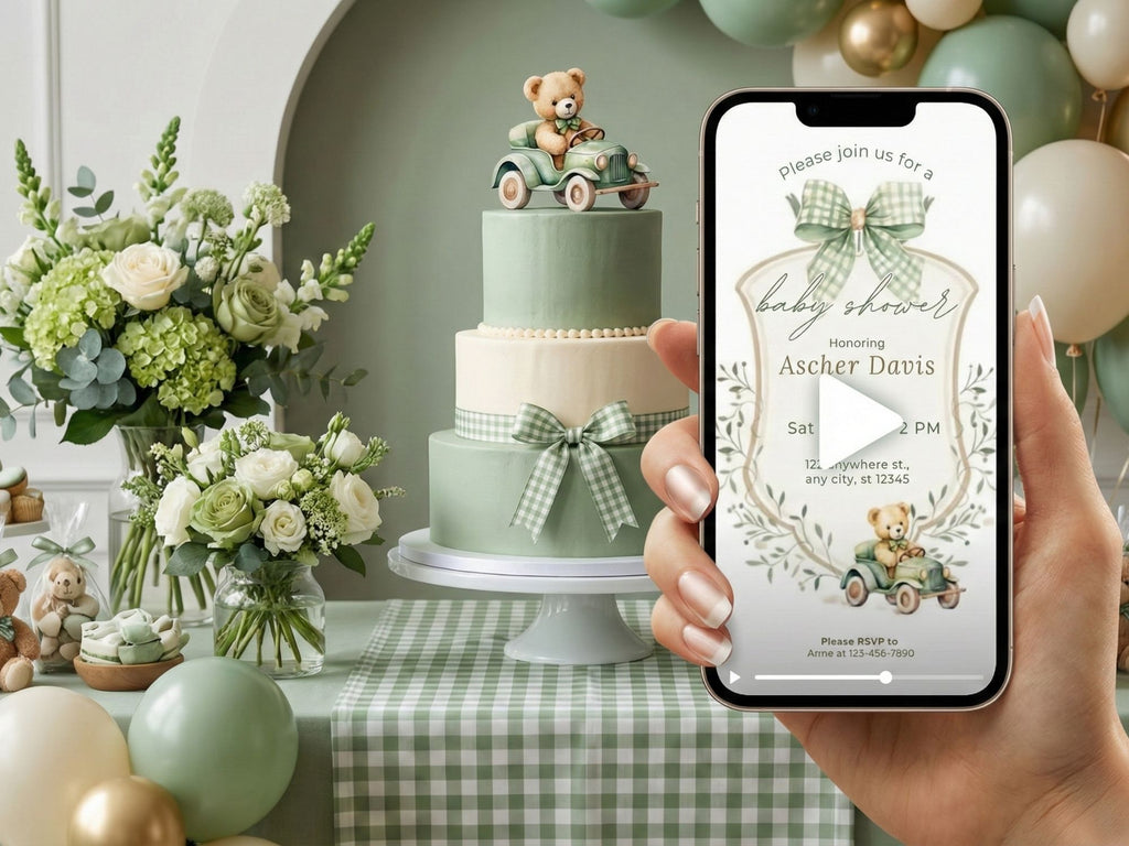 Green Baby Car Bear Baby Shower Invitation – Editable Canva Template – Share video mp4 – Instant Download