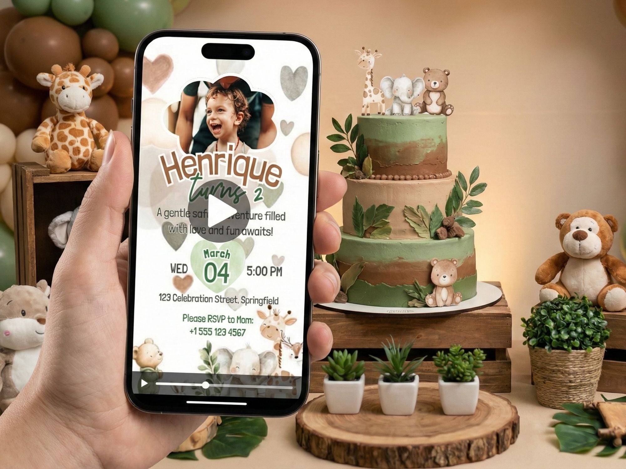 Watercolor Safari Hearts Birthday Invitation – Editable Canva Template – Share video mp4 – Instant Download